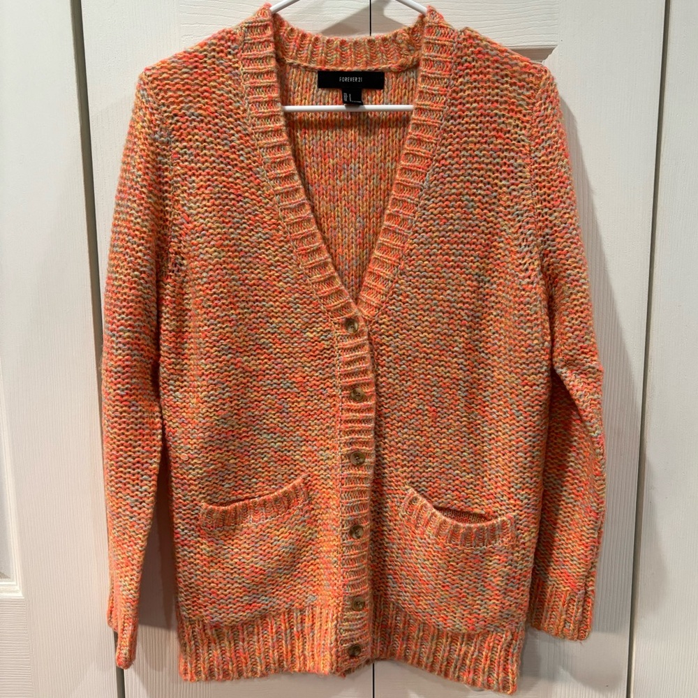 FOREVER 21 Women’s Multicolor Button Down Knit Cardigan - pink / orange, size S